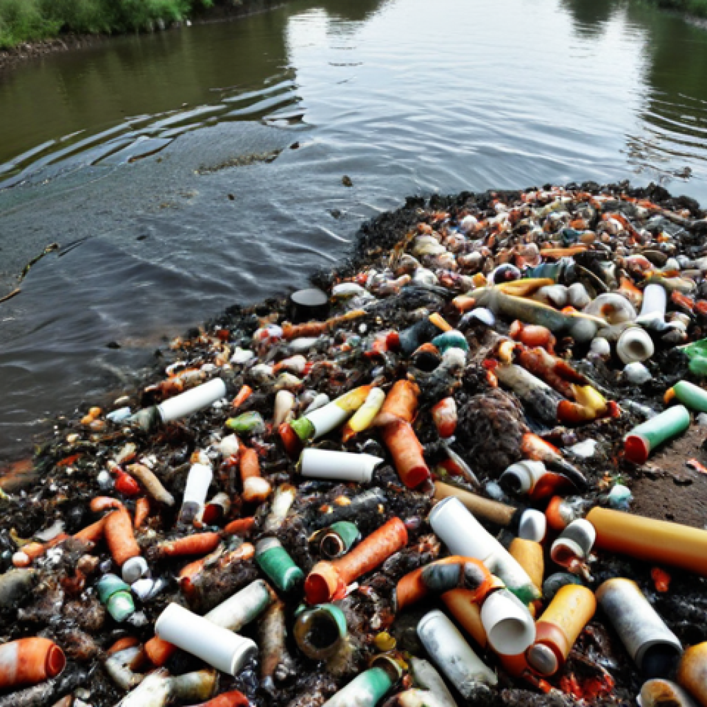 **Prompt:** Industrial waste being dumped directly into a river, polluting the water and killing fish. Focus on the toxic chemicals and their impact on aquatic life.