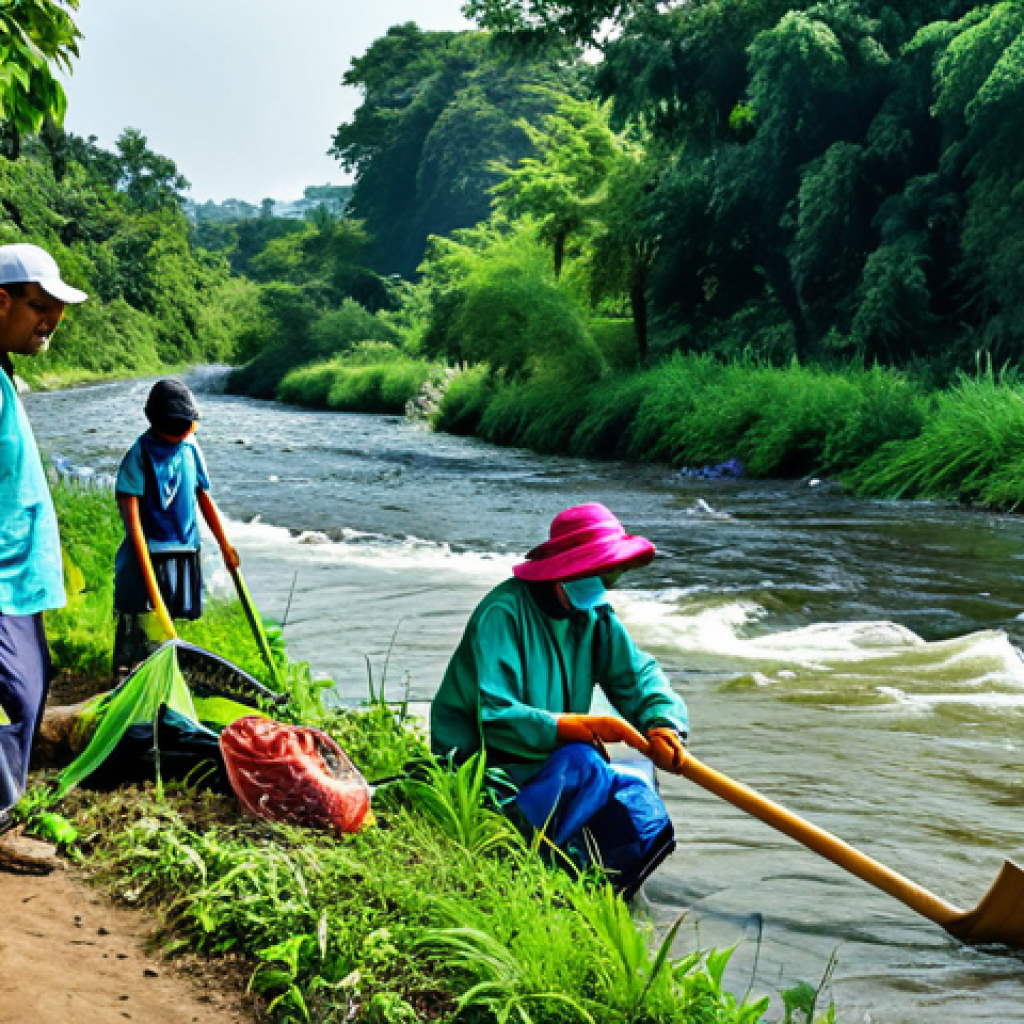 **
A vibrant scene depicting local community members actively participating in a river cleanup drive, fully clothed and wearing appropriate attire. The background showcases a revitalized riverbank with lush greenery and a clear, flowing river. Include safe for work elements, perfect anatomy, natural proportions, professional photography, and high-quality details. The setting should evoke a sense of family-friendly community engagement and environmental responsibility, modest clothing preferred.
**