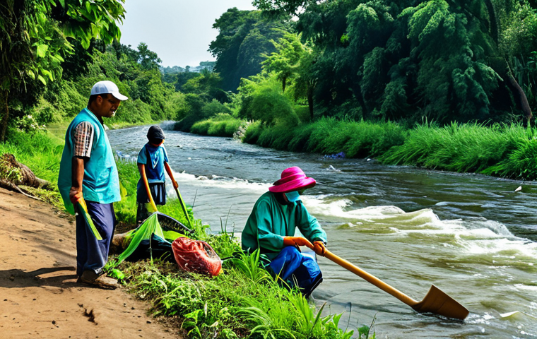 **
A vibrant scene depicting local community members actively participating in a river cleanup drive, fully clothed and wearing appropriate attire. The background showcases a revitalized riverbank with lush greenery and a clear, flowing river. Include safe for work elements, perfect anatomy, natural proportions, professional photography, and high-quality details. The setting should evoke a sense of family-friendly community engagement and environmental responsibility, modest clothing preferred.
**