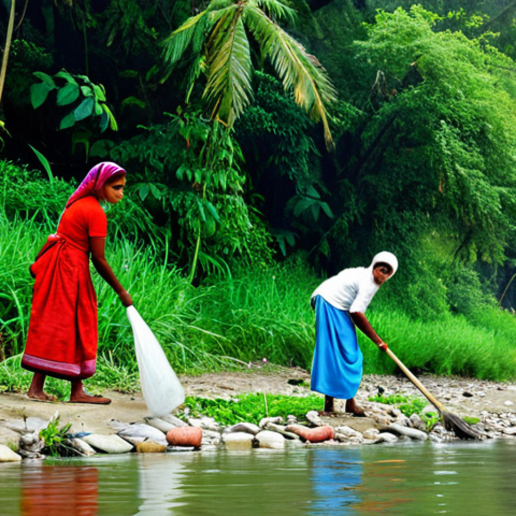 River Cleanup Initiative**
"A group of diverse local villagers, fully clothed in modest, traditional Bengali clothing, are actively cleaning a riverbank. They are picking up plastic and debris, with lush green vegetation in the background. The river flows gently. Focus on community involvement and environmental awareness. Safe for work, appropriate content, family-friendly, perfect anatomy, natural proportions, professional photography, high quality."
**