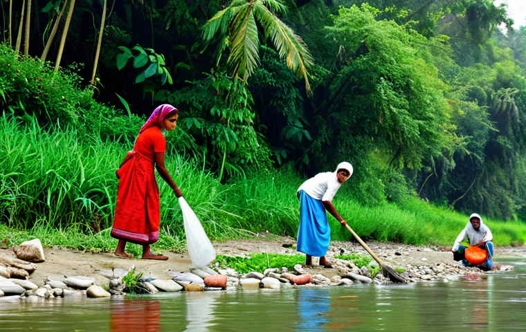 River Cleanup Initiative**
"A group of diverse local villagers, fully clothed in modest, traditional Bengali clothing, are actively cleaning a riverbank. They are picking up plastic and debris, with lush green vegetation in the background. The river flows gently. Focus on community involvement and environmental awareness. Safe for work, appropriate content, family-friendly, perfect anatomy, natural proportions, professional photography, high quality."
**