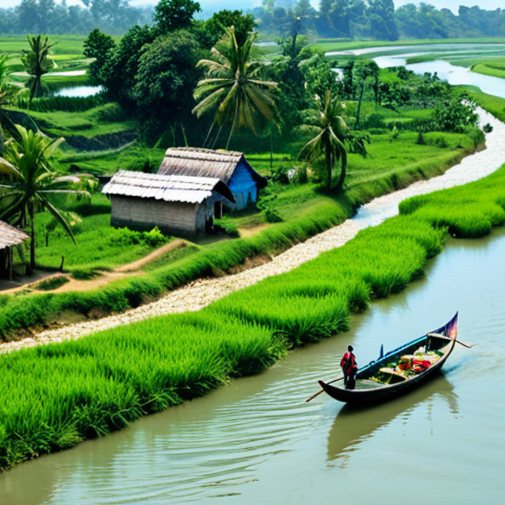 하천 생태계 복원과 지역 산업의 연계 방안 - **Image Prompt:** A scenic view of a wide, healthy river in Bangladesh, with traditional boats saili...