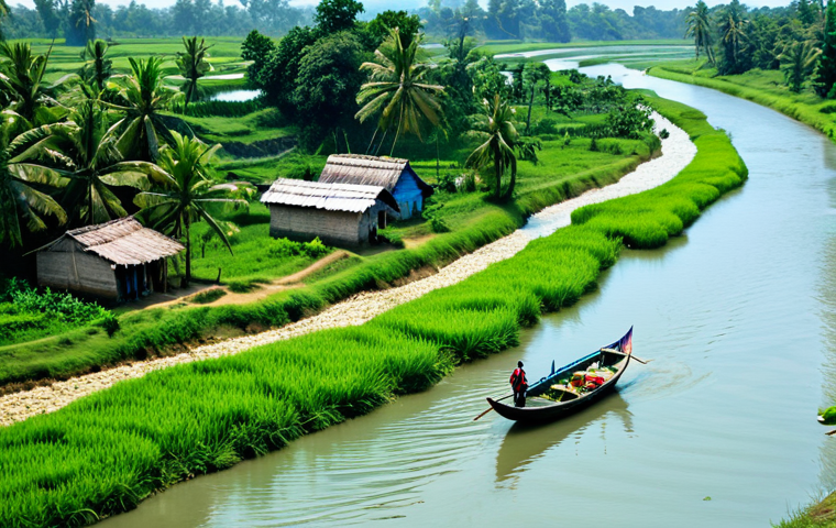 하천 생태계 복원과 지역 산업의 연계 방안 - **Image Prompt:** A scenic view of a wide, healthy river in Bangladesh, with traditional boats saili...