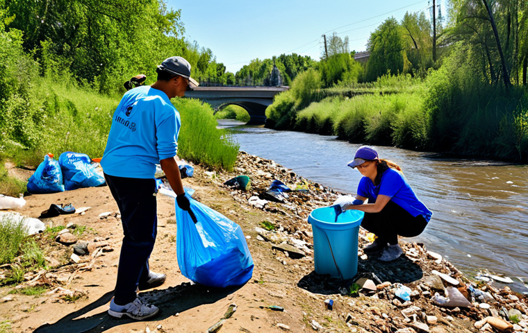 하천 생태계 복원 참여를 위한 협력 네트워크 구축 - Community River Cleanup**
"A diverse group of people, fully clothed in appropriate attire, particip...