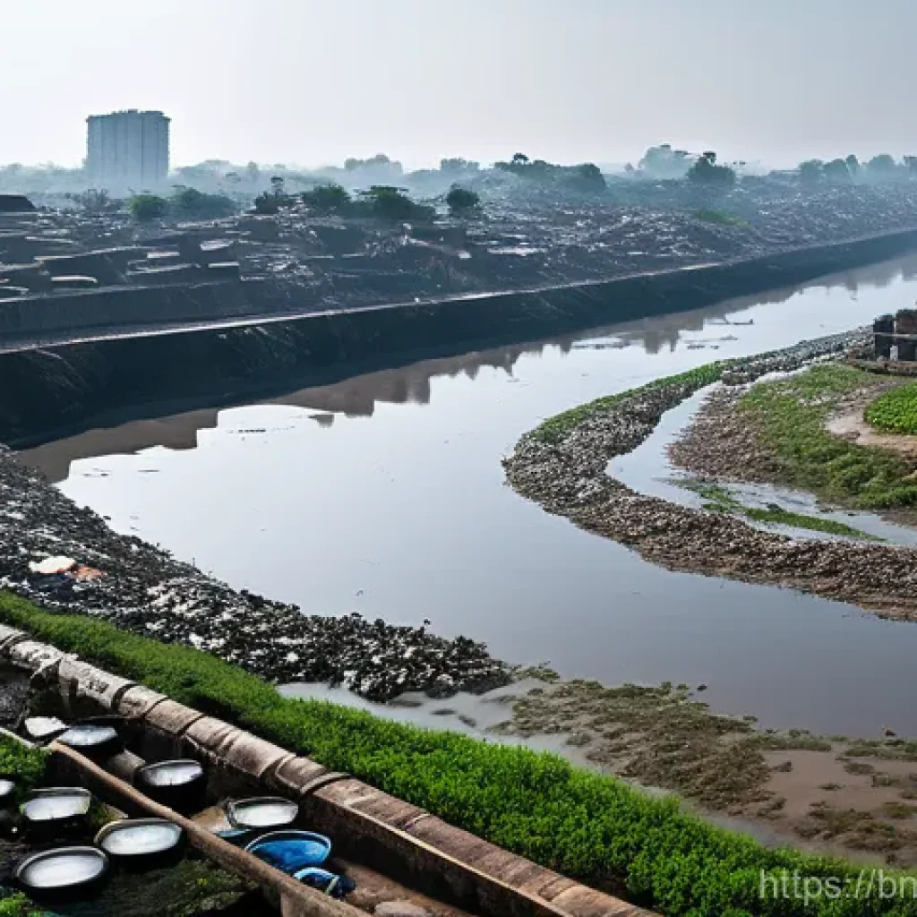 하천 생태계 복원과 생태학적 연구의 중요성 - A panoramic view of a heavily polluted urban river in Bangladesh, resembling the Buriganga. The wate...