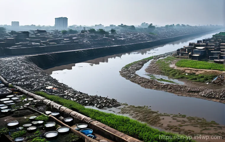 하천 생태계 복원과 생태학적 연구의 중요성 - A panoramic view of a heavily polluted urban river in Bangladesh, resembling the Buriganga. The wate...