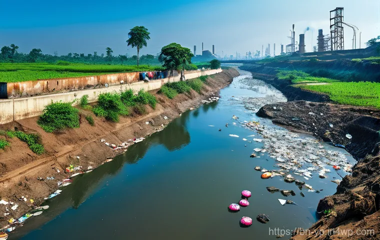 하천 생태계 복원과 생태학적 연구의 중요성 - A panoramic view of a heavily polluted urban river in Bangladesh, resembling the Buriganga. The wate... 하천 생태계 복원과 생태학적 연구의 중요성 - A panoramic view of a heavily polluted urban river in Bangladesh, resembling the Buriganga. The wate...