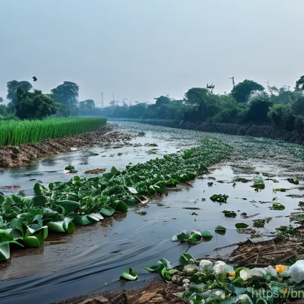 하천 생태계 복원 참여를 위한 자원봉사 기회 - **Prompt:** "A severely polluted river scene, illustrating the tragic decline of a once vibrant wate...