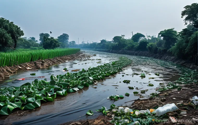 하천 생태계 복원 참여를 위한 자원봉사 기회 - **Prompt:** "A severely polluted river scene, illustrating the tragic decline of a once vibrant wate...