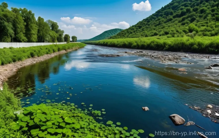 하천 생태계 복원과 기업의 사회적 책임 - Image Prompt 1: The Tale of Two Rivers (Pollution vs. Purity)** 하천 생태계 복원과 기업의 사회적 책임 - Image Prompt 1: The Tale of Two Rivers (Pollution vs. Purity)**