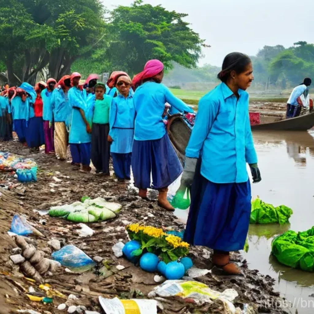 하천 생태계 복원 참여를 위한 온라인 교육 과정 - **Prompt:** A vibrant, bustling scene along a moderately polluted river in Bangladesh. Volunteers, a...