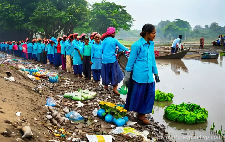 하천 생태계 복원 참여를 위한 온라인 교육 과정 - **Prompt:** A vibrant, bustling scene along a moderately polluted river in Bangladesh. Volunteers, a...