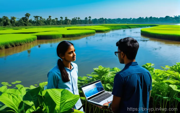 하천 생태계 복원 참여를 위한 온라인 교육 과정 - **Prompt:** A vibrant, bustling scene along a moderately polluted river in Bangladesh. Volunteers, a...