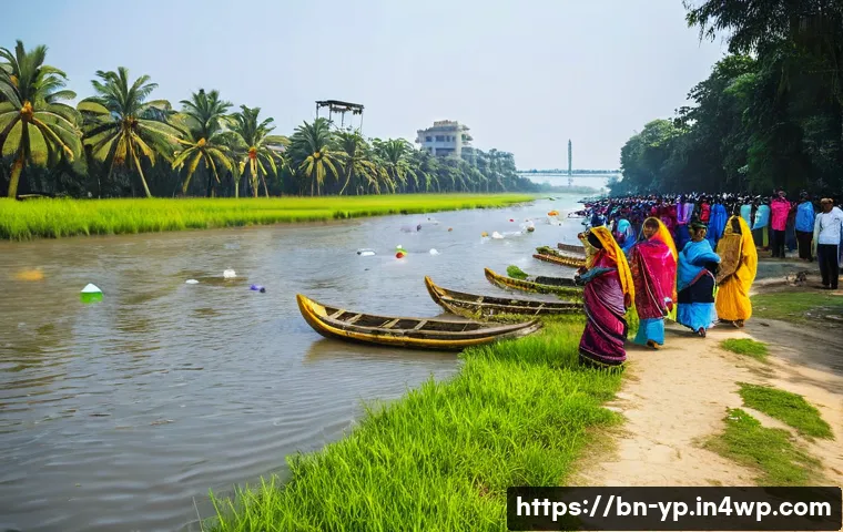 하천 생태계 복원 참여를 위한 지역 축제 활용 전략 - **"A vibrant river cleanup festival in Bangladesh: Bengali men and women of various ages, dressed in...
