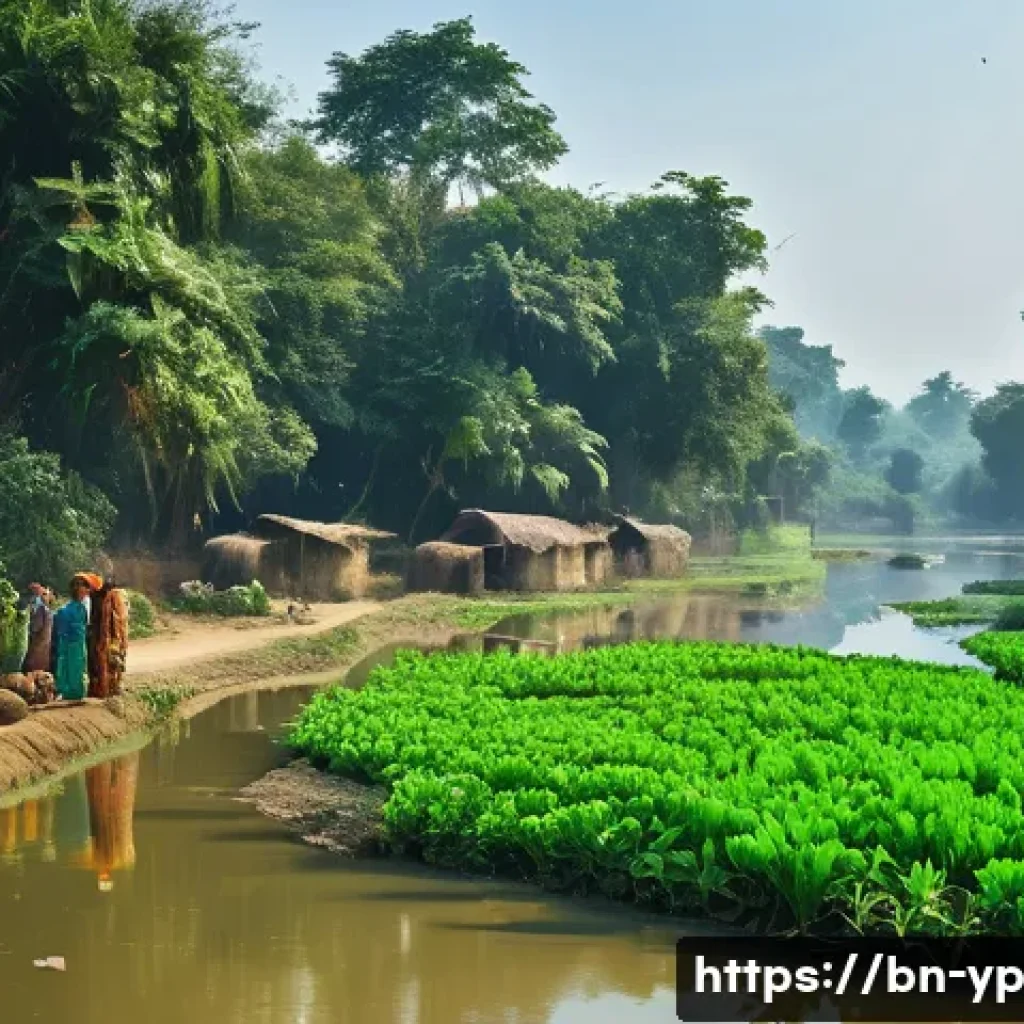 하천 생태계 복원과 지역 경제 활성화 방안 - A vibrant riverside community scene in rural Bangladesh, featuring local men and women wearing tradi...