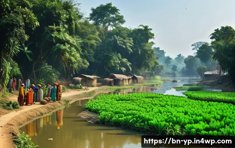 하천 생태계 복원과 지역 경제 활성화 방안 - A vibrant riverside community scene in rural Bangladesh, featuring local men and women wearing tradi...