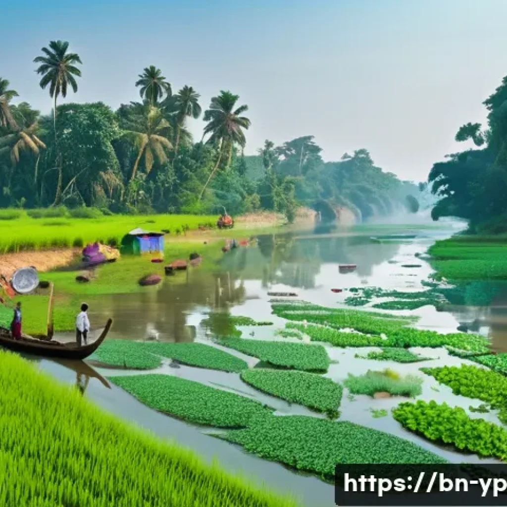 하천 생태계 복원과 주민 참여의 중요성 - A vibrant rural Bengali river scene illustrating the decline of aquatic biodiversity: colorful nativ...