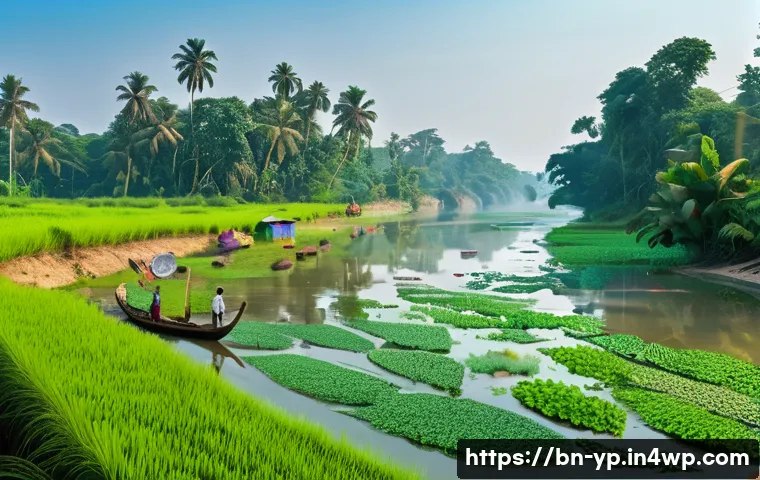 하천 생태계 복원과 주민 참여의 중요성 - A vibrant rural Bengali river scene illustrating the decline of aquatic biodiversity: colorful nativ...