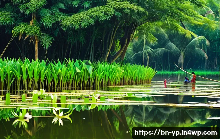 하천 생태계 복원과 생물 다양성 증진의 필요성 - A vibrant freshwater ecosystem scene in a Bengali rural setting, showcasing a clear riverbank with l...