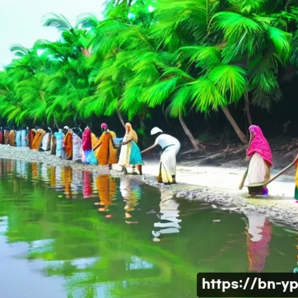 하천 생태계 복원 참여를 위한 경험 공유 플랫폼 - A vibrant rural riverside scene in Bengal, showcasing a diverse group of local villagers, environmen...