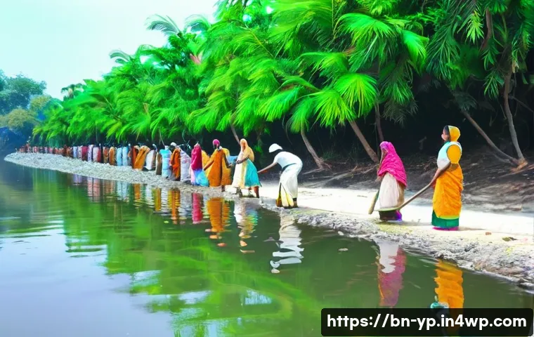 하천 생태계 복원 참여를 위한 경험 공유 플랫폼 - A vibrant rural riverside scene in Bengal, showcasing a diverse group of local villagers, environmen...