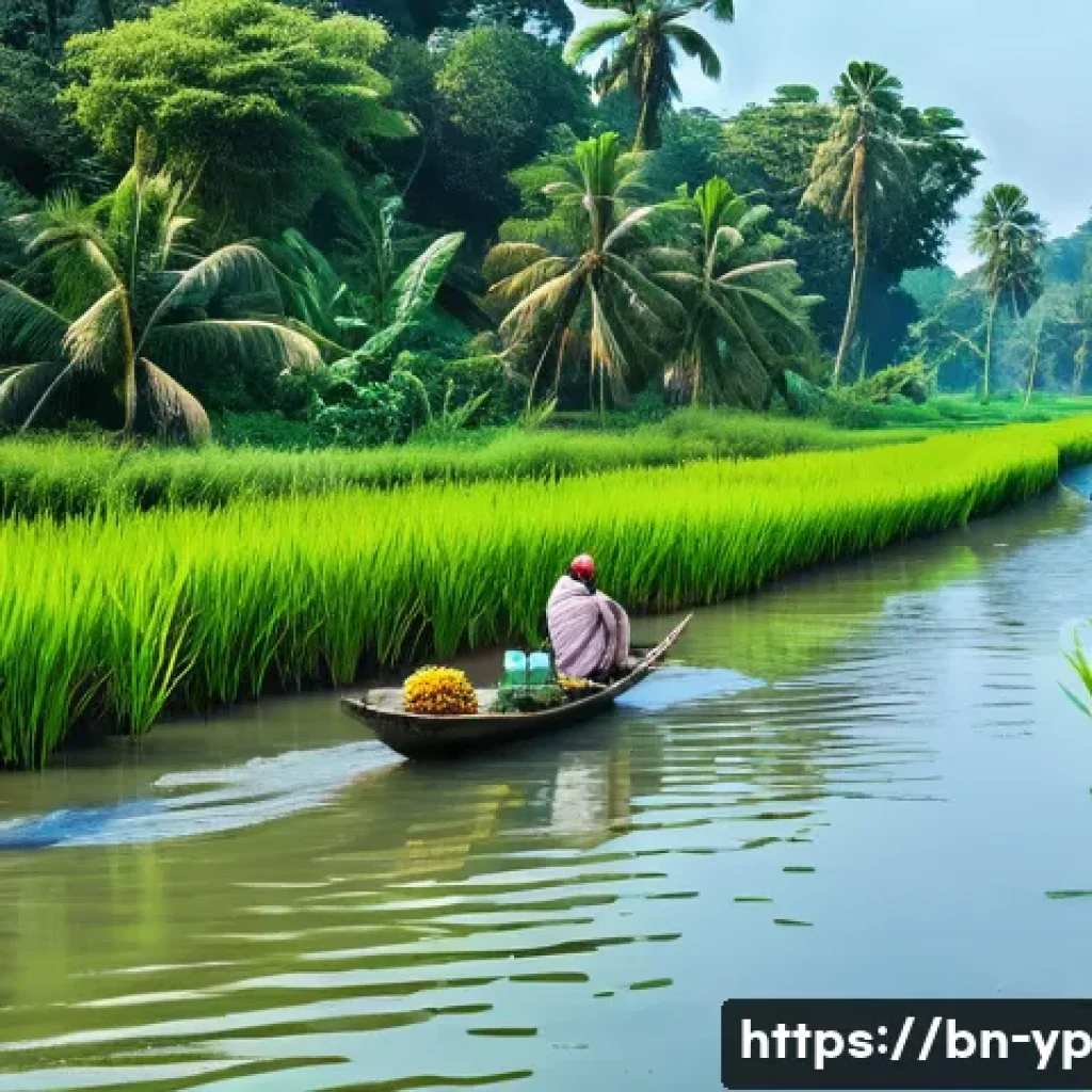 하천 복원 프로젝트 성공 사례 분석 - A vibrant riverside scene in rural Bangladesh showing a restored river ecosystem with native aquatic...