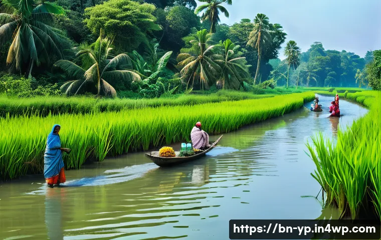 하천 복원 프로젝트 성공 사례 분석 - A vibrant riverside scene in rural Bangladesh showing a restored river ecosystem with native aquatic...