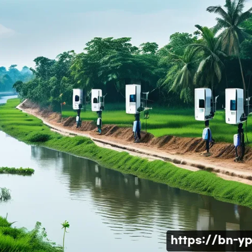 하천 생태계 복원 프로젝트에서의 피드백 시스템 구축 - A detailed scene of a modern environmental monitoring station along a riverbank in Bangladesh, featu...