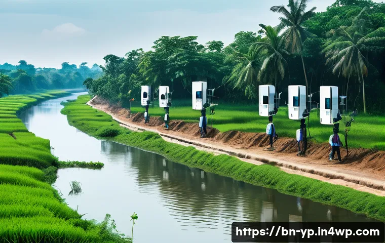 하천 생태계 복원 프로젝트에서의 피드백 시스템 구축 - A detailed scene of a modern environmental monitoring station along a riverbank in Bangladesh, featu...