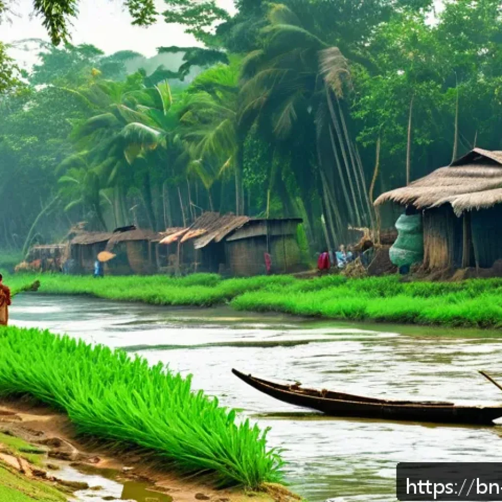 하천 생태계 복원과 지역 주민의 참여 증진 - A vibrant rural Bengali village scene along a riverbank where local villagers, including men, women,...