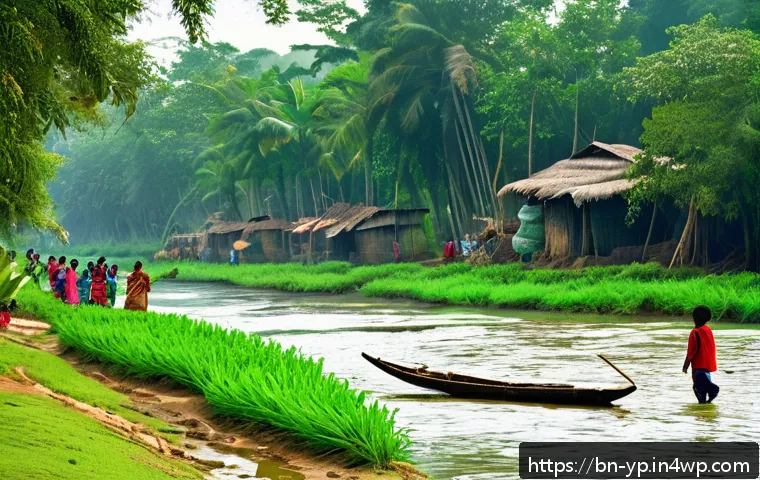 하천 생태계 복원과 지역 주민의 참여 증진 - A vibrant rural Bengali village scene along a riverbank where local villagers, including men, women,...