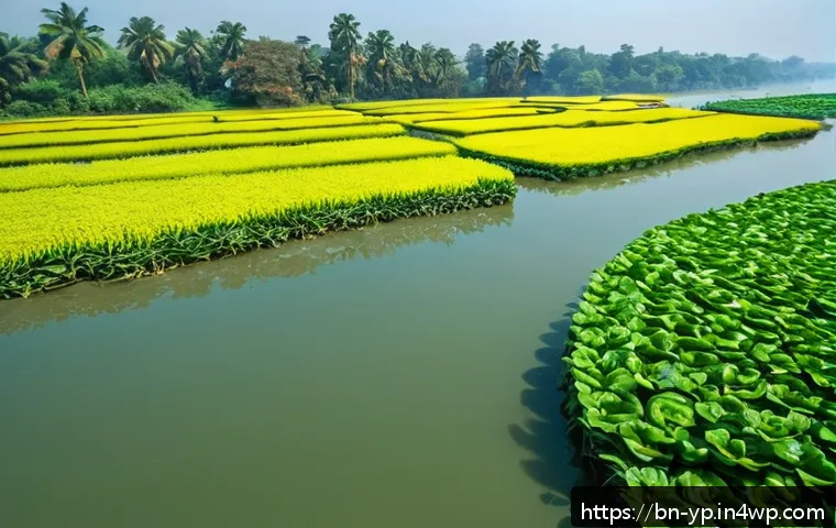 하천 생태계 복원을 위한 연구기관 소개 - A vibrant river ecosystem scene in Bangladesh showcasing diverse native aquatic species including re...