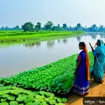 Home 20 하천 생태계 복원 관련 법규 이해하기 - A vibrant riverside scene in rural Bangladesh showing local community members, including men and wom...