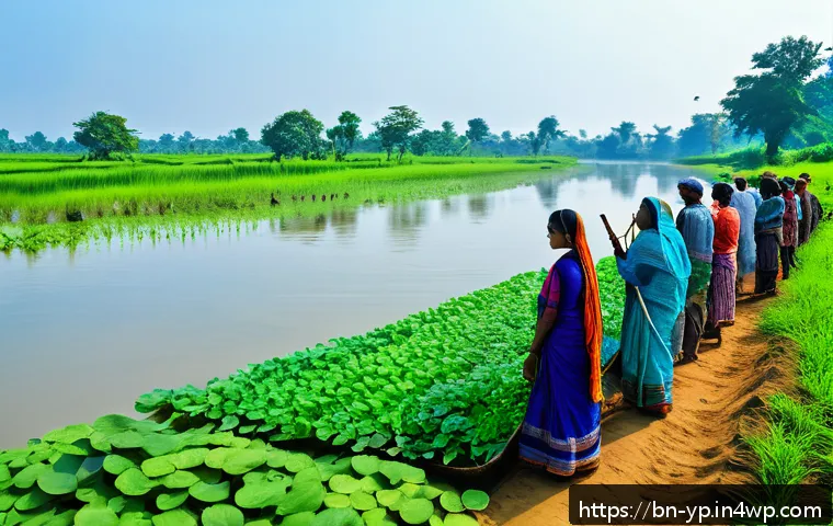 하천 생태계 복원 관련 법규 이해하기 - A vibrant riverside scene in rural Bangladesh showing local community members, including men and wom...