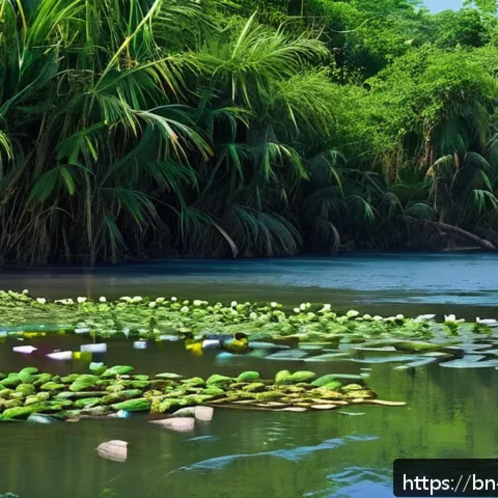 하천 생태계 복원 프로젝트의 성공적인 실행 사례 - A vibrant freshwater ecosystem scene in rural Bangladesh featuring a clean river with diverse aquati...