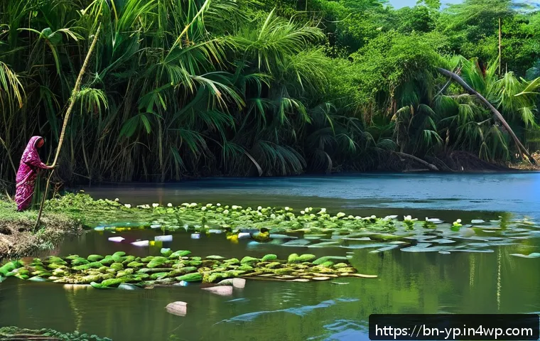 하천 생태계 복원 프로젝트의 성공적인 실행 사례 - A vibrant freshwater ecosystem scene in rural Bangladesh featuring a clean river with diverse aquati...