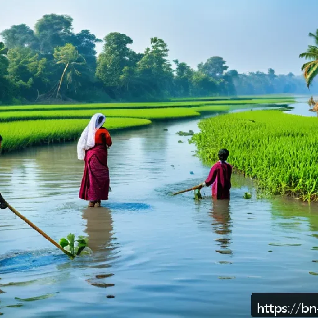 하천 생태계 복원에 대한 지역 사회의 반응 - A vibrant riverside scene in rural Bangladesh showing local community members, including women and y...