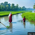 Home 18 하천 생태계 복원에 대한 지역 사회의 반응 - A vibrant riverside scene in rural Bangladesh showing local community members, including women and y...