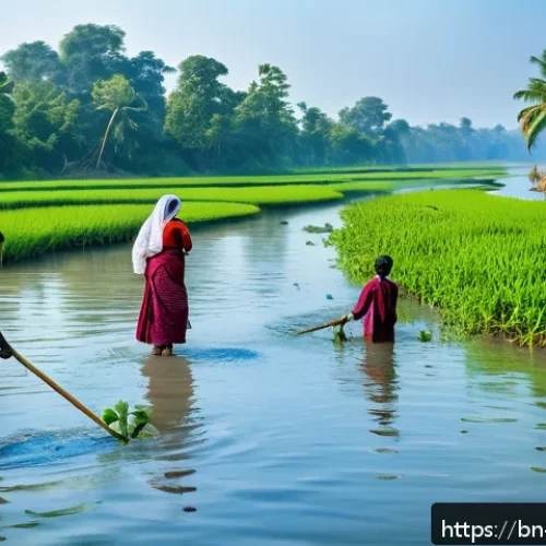 Home 30 하천 생태계 복원에 대한 지역 사회의 반응 - A vibrant riverside scene in rural Bangladesh showing local community members, including women and y...
