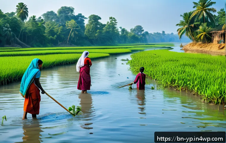 하천 생태계 복원에 대한 지역 사회의 반응 - A vibrant riverside scene in rural Bangladesh showing local community members, including women and y...