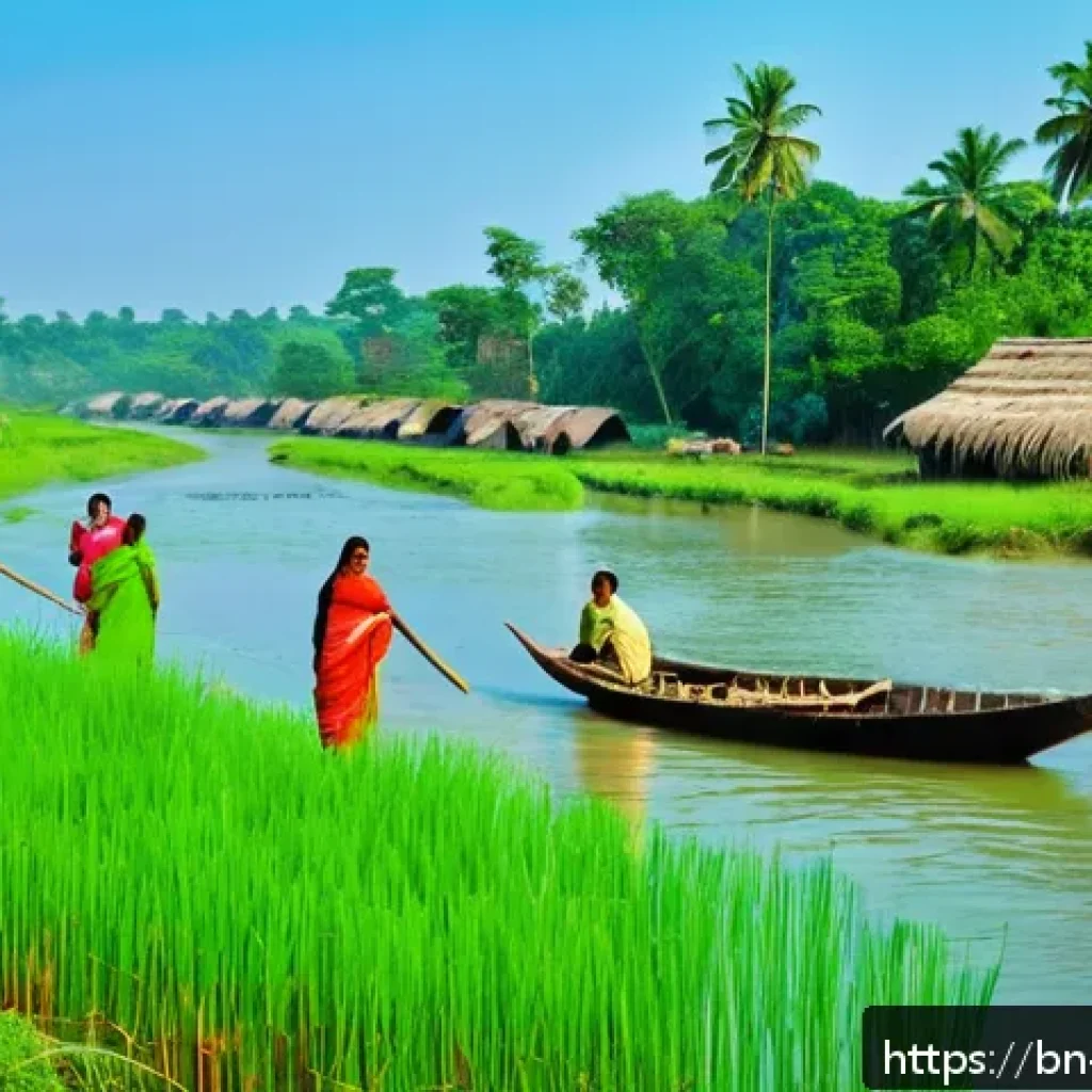 하천 생태계 복원 참여를 위한 비영리 단체 소개 - A vibrant rural Bengali village scene along a pristine riverbank where local villagers in traditiona...
