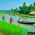 Home 23 하천 생태계 복원 참여를 위한 비영리 단체 소개 - A vibrant rural Bengali village scene along a pristine riverbank where local villagers in traditiona...