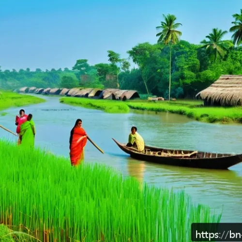 Home 17 하천 생태계 복원 참여를 위한 비영리 단체 소개 - A vibrant rural Bengali village scene along a pristine riverbank where local villagers in traditiona...