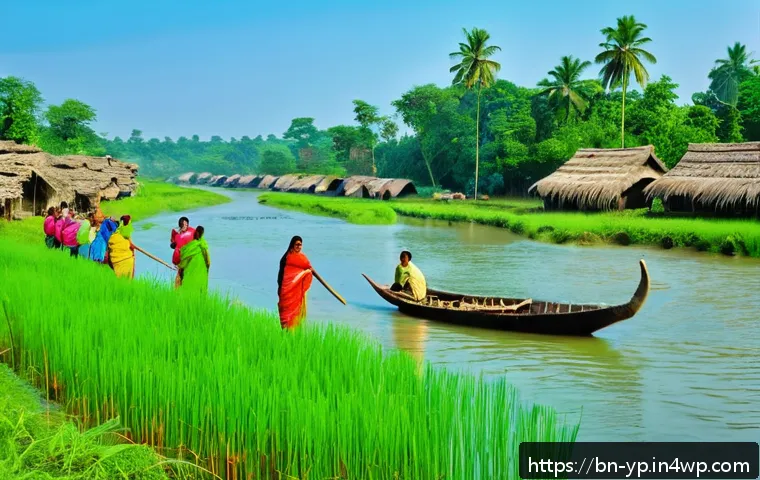 하천 생태계 복원 참여를 위한 비영리 단체 소개 - A vibrant rural Bengali village scene along a pristine riverbank where local villagers in traditiona...