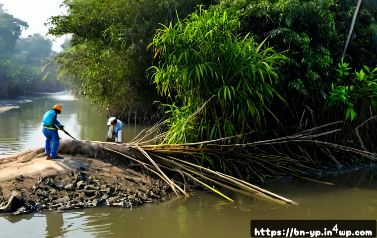 Home 17 하천 생태계 복원과 기술적 혁신 - Photorealistic restored urban river ecosystem in Bangladesh, clear flowing water bordered by native ...